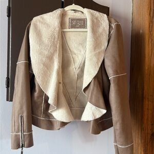 GUESS Women's Tan Teddy Jacket with Cream Lining
